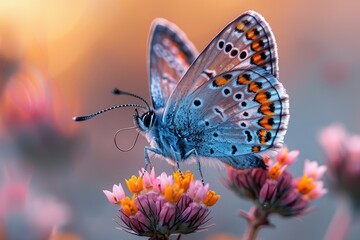 Close-up of a butterfly landing delicately on a wildflower, a moment of interaction in the cycle of life - obrazy, fototapety, plakaty