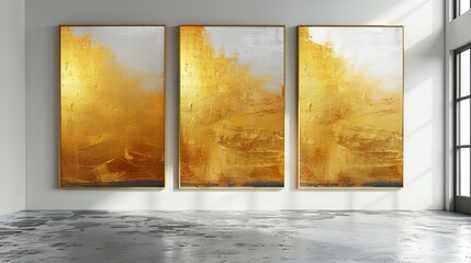 Set of abstract art prints. Modern creative abstract artwork with golden brush strokes and texture.