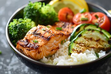 Salmon bowl with grilled veggies and rice
