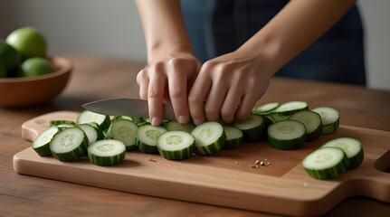 Cutting cucumber on kitchen board, vegetable salad cooking steps.generative.ai  - obrazy, fototapety, plakaty
