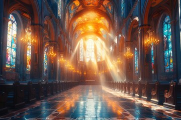 The solemn ambiance inside a historic cathedral, with light streaming through stained glass windows