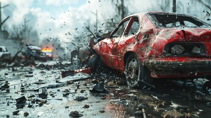 Dangerous car crashes on the road cause danger and destruction.