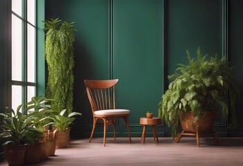 plants old Illustration Rendering wall chair green background wooden interior 3D potted dark Mock 3D front