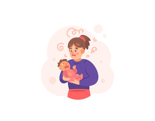 Baby blues syndrome. illustration of a woman looking stressed and frustrated because her baby keeps crying. a mother who is tired of taking care of her child. mental health disorders. character