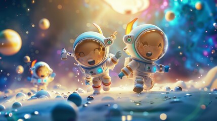 Interstellar Joyride: Animated Astronauts Frolicking in a Galactic Wonderland - obrazy, fototapety, plakaty
