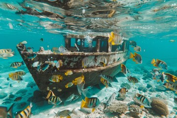 Snorkelling at a Tug boat wreck with abundant fish enjoying the views of Curacao island - obrazy, fototapety, plakaty