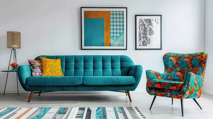 A chic and sophisticated living room with an oversized mockup poster of modern art on the wall