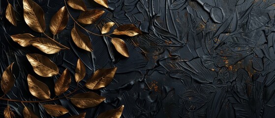 Naklejka premium Black metal background with a textured gold leaf pattern