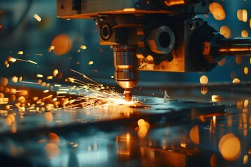 Sparks fly from machine head in metal processing for automotive production concept at metallurgical plant - obrazy, fototapety, plakaty