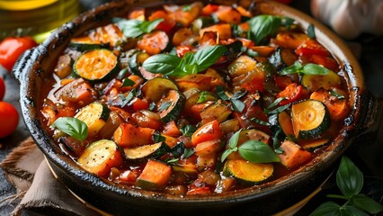 Traditional French ratatouille a homemade healthy vegetable stew showcasing culinary sophistication. Concept French cuisine, Ratatouille recipe, Healthy vegetables, Culinary sophistication