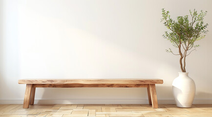 Minimalist Zen Corner, Serene interior with a wooden bench and a potted olive tree, projecting calmness and simplicity.