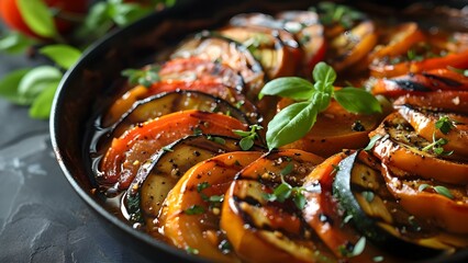French Ratatouille: A Homemade Healthy Vegetable Stew Showcasing Culinary Sophistication. Concept Vegetarian Cuisine, French Recipes, Homemade Meals, Healthy Cooking, Culinary Sophistication