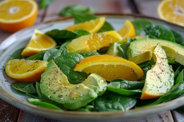 Spinach avocado orange salad with ginger vinegar dressing laid out flat