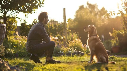 A dog owner training their dog to sit and stay obediently in a picturesque garden. 