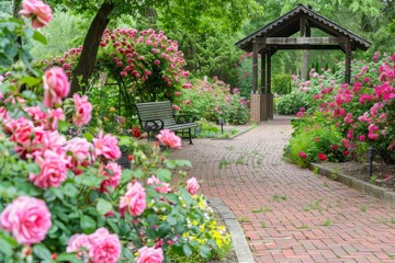 Fototapeta na wymiar Stunning garden with roses brick path bench and gazebo
