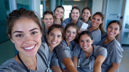 Unified Care: Group of Smiling Female Nurses Taking a Selfie Together in Hospital, Capturing Diversity and Professionalism
