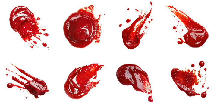 Collection of red ketchup sauce stain cutout clipping path png isolated on white or transparent background