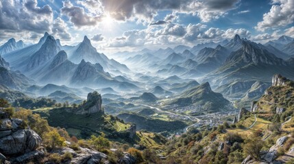 Panoramic view of the Montserrat mountains - obrazy, fototapety, plakaty