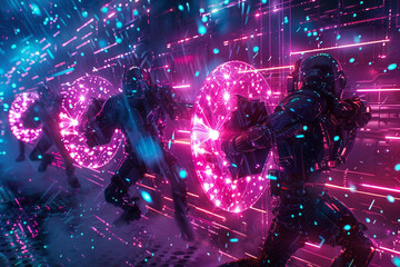 Cyber knights wielding encryption shields battling dark malware forces in a neon lit digital realm - obrazy, fototapety, plakaty