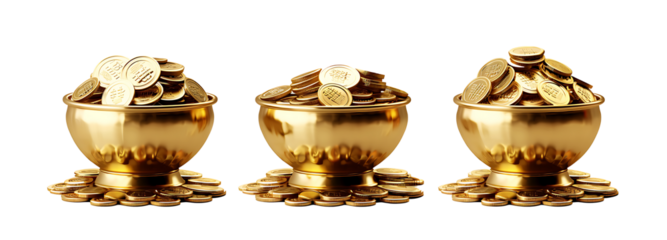 Set of gold coins in gold container. PNG