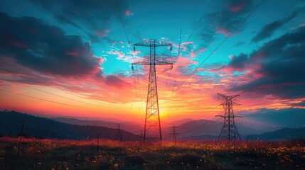 silhouette of high voltage electric tower on sunset time background,art illustration - obrazy, fototapety, plakaty