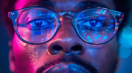 Dramatic Close-Up of Individual with Analytical Reflections in Glasses