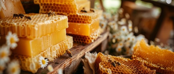Close-up of bees at work in hives, various types of honey and beeswax candles