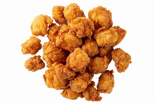 Crispy breaded popcorn chicken on white background From above