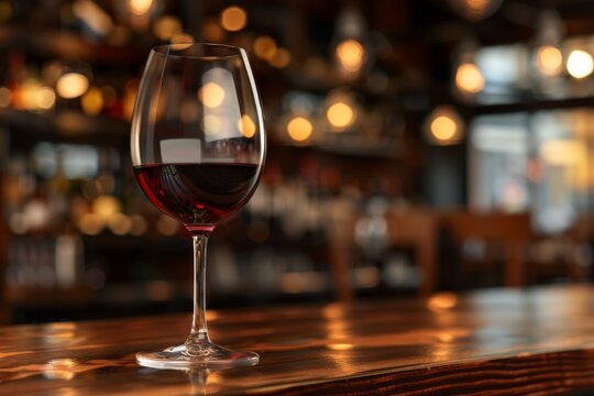 Crystal clear wine glass filled with dark sherry wine on wood bar counter with blurry restaurant background