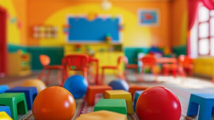 Playful and bright kindergarten classroom interior filled with colorful toys and furniture for...