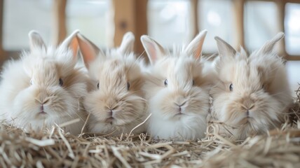 Angora rabbits on a soft bed of hay, display of ultra-soft angora wool products - obrazy, fototapety, plakaty