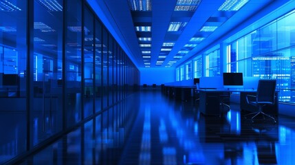 A contemporary office space illuminated by blue lighting with a view of the city skyline at night. - obrazy, fototapety, plakaty