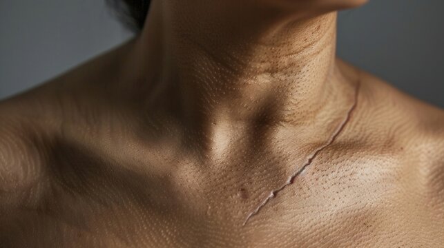 A scar stretching from collarbone to ribcage a symbol of surviving cancer and the resilience to keep fighting. .