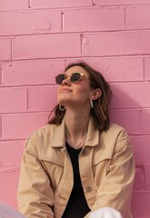 Young Woman Enjoying Sunshine Against Pink Wall in Casual Attire