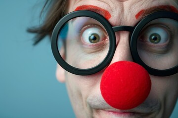Funny nerd with red foam clown nose and dorky glasses - obrazy, fototapety, plakaty