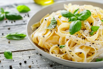 Homemade Italian Tagliatelle with cheese spinach and basil on white wooden background Symbol of delicious vegetarian dish