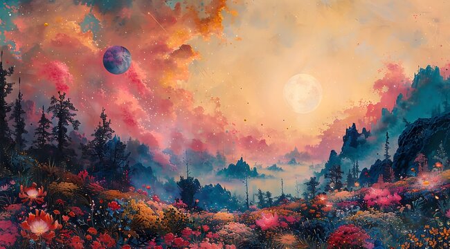 Celestial Harmony: Oil Painting of Dreamy Garden Blending with Pastel Sky
