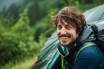 Man Smiling While Peering Out From a Green Tent in a Lush Forest at Dawn