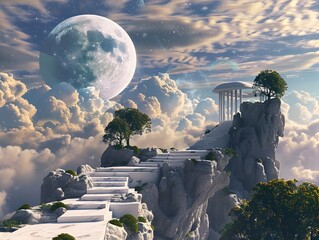 Enchanting Utopian Dreamscape with Celestial Moon and Mystical Landscapes - obrazy, fototapety, plakaty