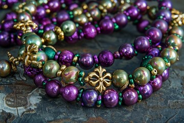 Mardi Gras beads in green gold purple with Fleur de lis pattern - obrazy, fototapety, plakaty