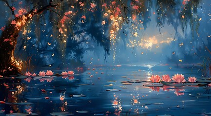 Obraz na płótnie Canvas Fantasy by the River: Oil Painting Evoking Whimsy with Water Sprites and Fairies