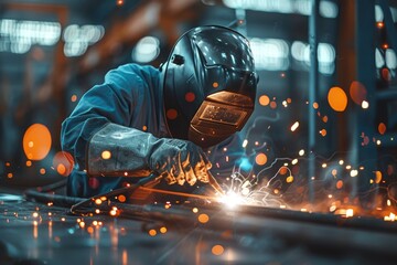 Metal worker wearing protective mask welding metal with Mig welder sparks flying - obrazy, fototapety, plakaty
