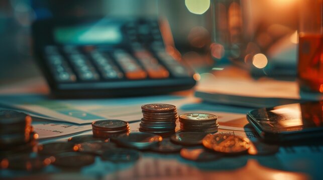 A beautiful defocused background with muted colors featuring a mix of ledgers calculators and coins in a blurry composition. The image captures the essence of budgeting with every .
