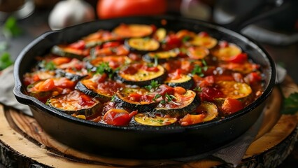 Ratatouille in a Cast Iron Pan: A Classic French Dish on a Rustic Kitchen Table. Concept French Cuisine, Cast Iron Cookware, Rustic Home Decor, Food Photography, Vegetarian Recipes - obrazy, fototapety, plakaty