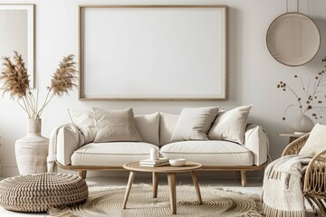 Mock up poster frame beige sofa wooden coffee table rug pouf vase with rowan armchair plaid and personal items in living room interior Home decor template - obrazy, fototapety, plakaty