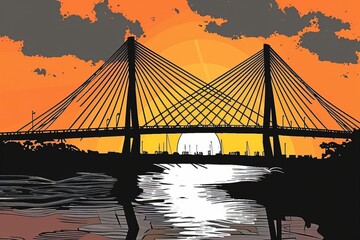 Cartoon cute doodles of a bridge spanning a river, with the arches and cables forming striking silhouettes against the backdrop of the setting sun, Generative AI