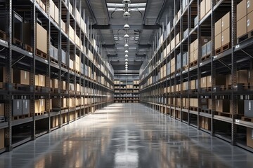 Modern warehouse interior filled with shelves of boxes
