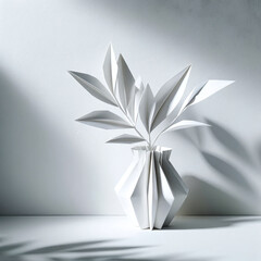 origami paper sculpture of a plant, artistically placed in a vase against a white wall, showcasing minimalist elegance