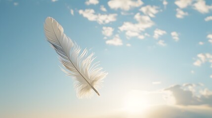 Gracefully Floating Feather Dancing on Gentle Breeze in Serene Sky with Wispy Clouds