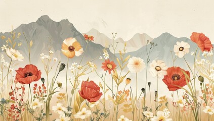 Watercolor vector illustration of wildflowers in a meadow with a mountainous background